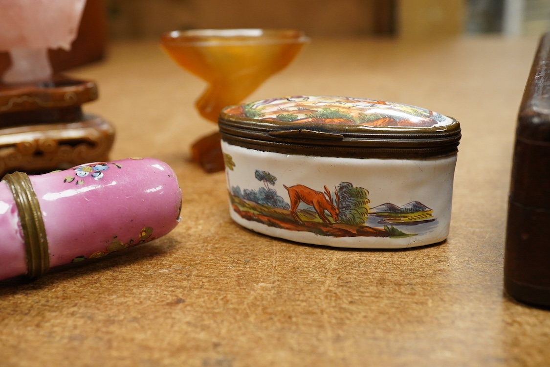 Two 19th century enamel boxes and two enamel shaped vessels, a hardstone elephant, etc.